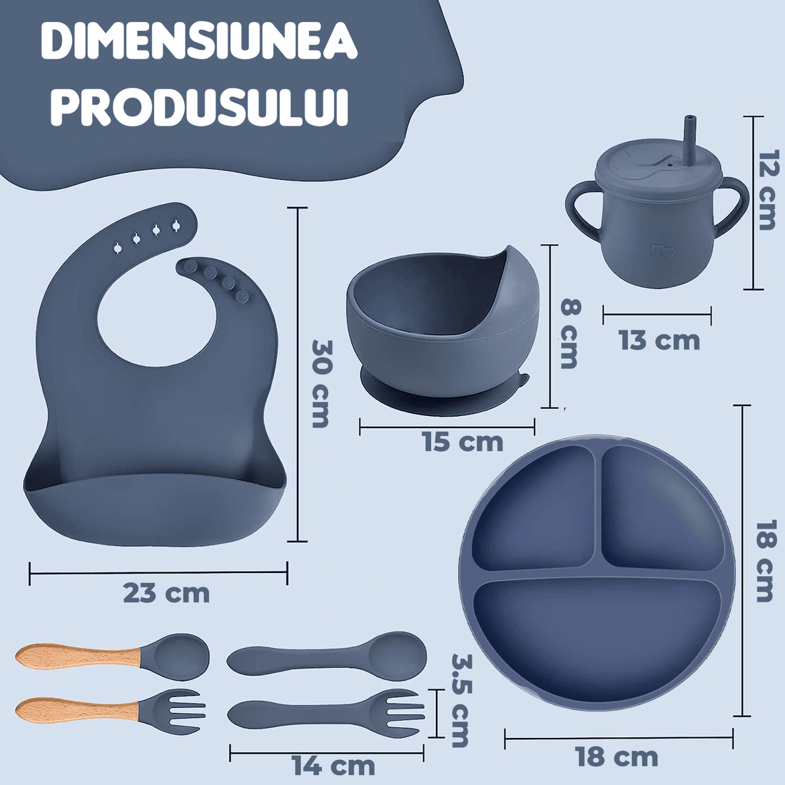 Set hrănire bebe silicon, 8 piese: bavetă, farfurie compartimentată, bol cu ventuză, 2 seturi linguriță și furculiță, cană, fără alergeni, albastru