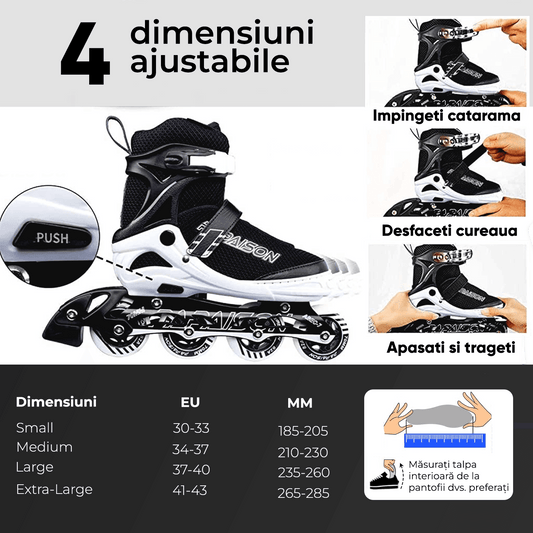 Role Reglabile S 28-32, Roți Luminoase Silicon, Rulmenți ABEC-7, Negru/Alb