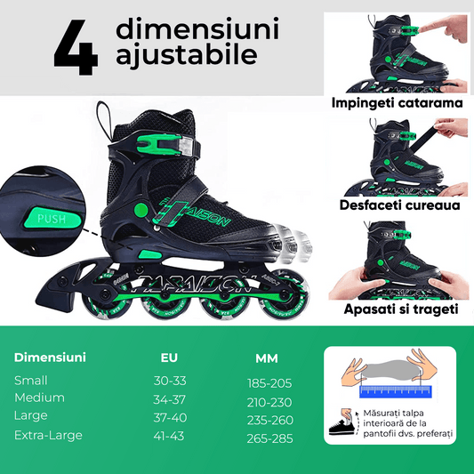 Role Reglabile S 28-32, Roți Luminoase Silicon, Rulmenți ABEC-7, Verde