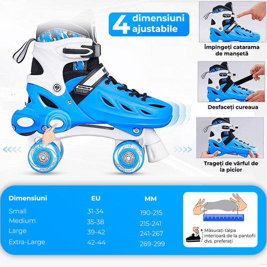 Role Reglabile S 28-32, Roți Luminoase Silicon, Rulmenți ABEC-7, Albastru