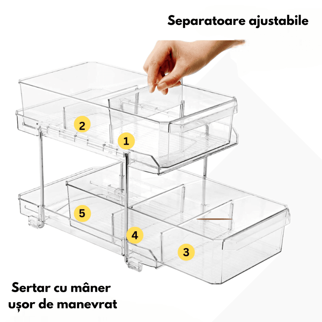 Organizator Universal Elindor®, Recipient Sertar Glisant Multifunctional 2 Nivele si Separatoare, Ideal Pentru Baie, Bucatarie, Camara, Dulap Sub Chiuveta, Sertare, Depozitare, Legume, Ustensile, Produse Curatenie, Detergent, Plastic, 31 × 23 × 19