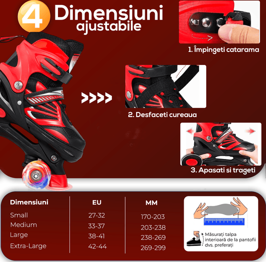 Role Reglabile M 33-37, Roți Luminoase Silicon, Rulmenți ABEC-7, Roșu/Negru