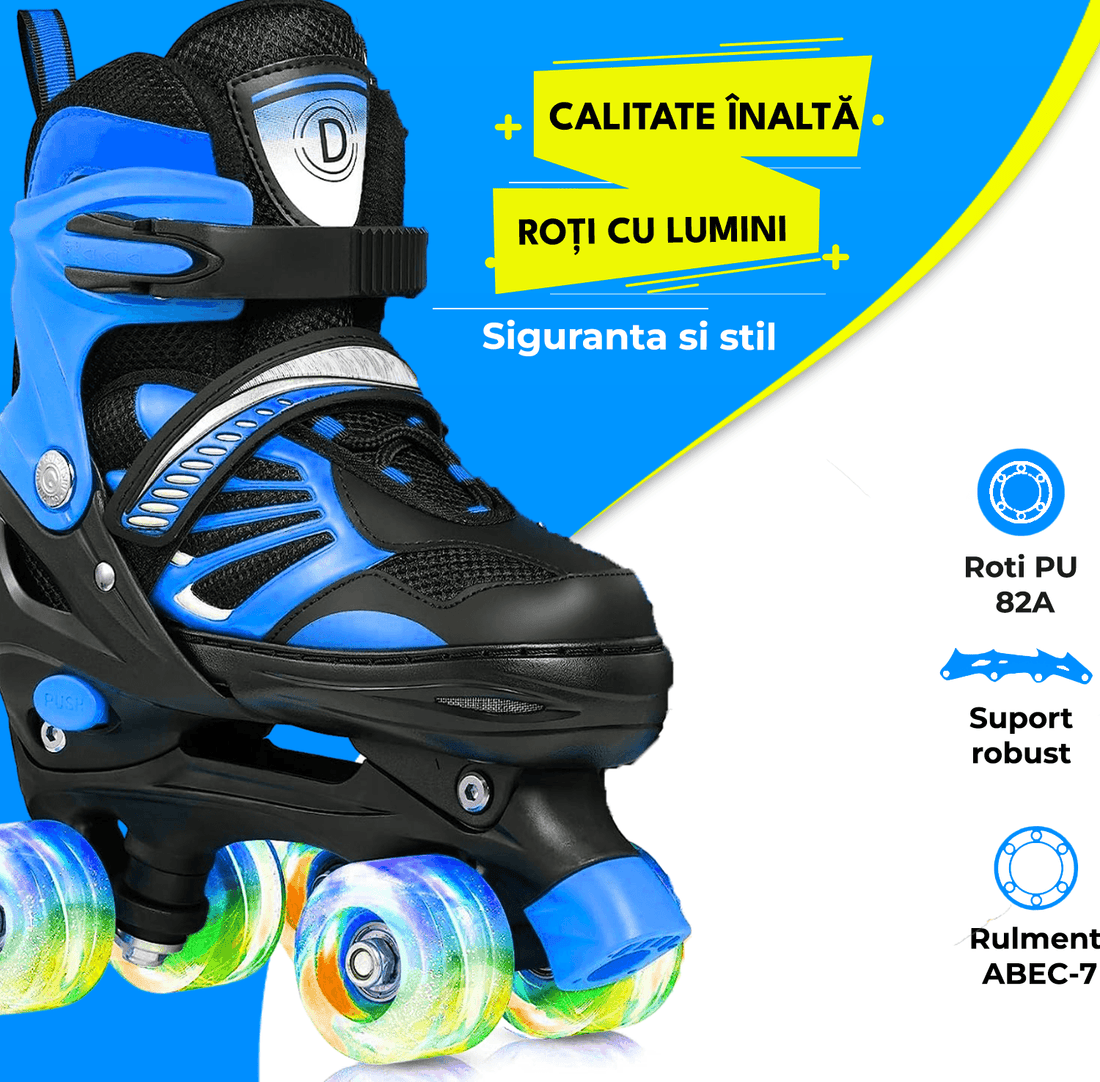 Role Reglabile M 33-37, Roți Luminoase Silicon, Rulmenți ABEC-7, Albastru/Negru