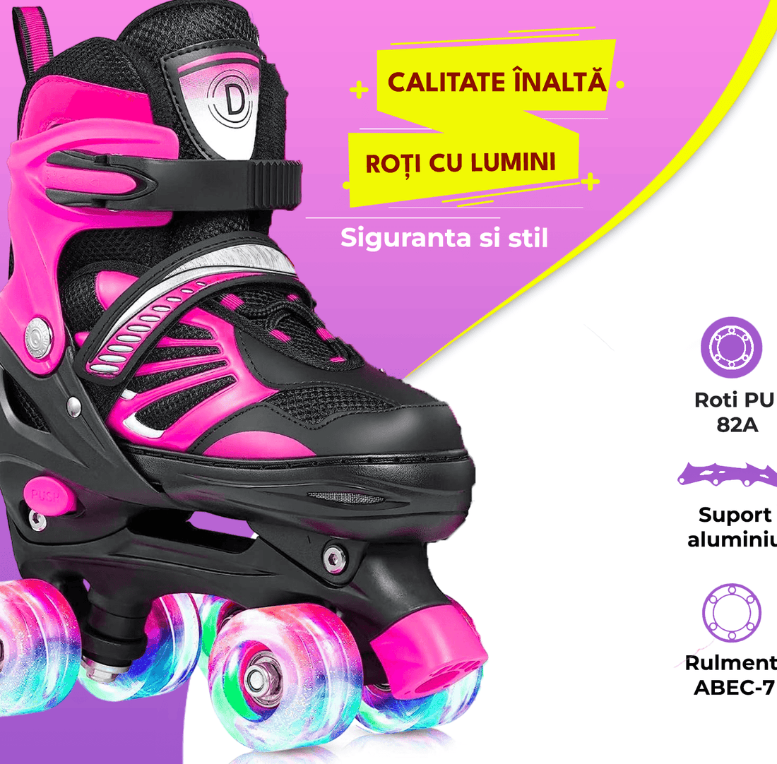 Role Reglabile L 38-41, Roți Luminoase Silicon, Rulmenți ABEC-7, Roz/Negru