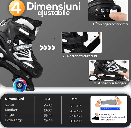 Role Reglabile S 27-32, Roți Luminoase Silicon, Rulmenți ABEC-7, Negru/Gri