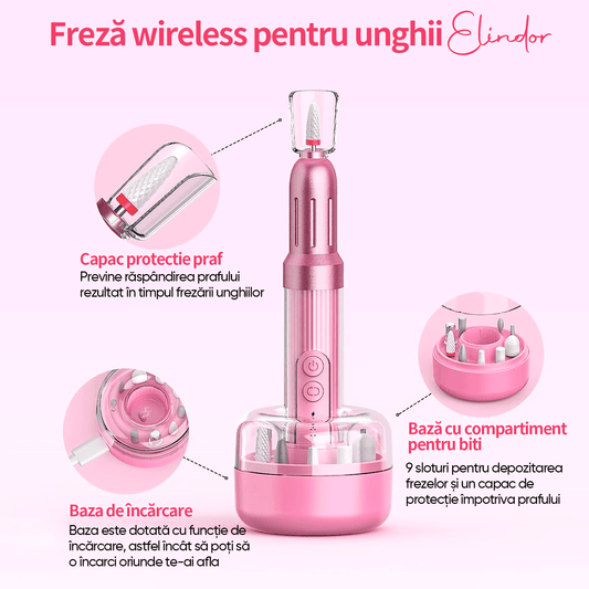 Freză unghii profesională wireless, 18.000 RPM, 12 capete, 36 benzi, design ergonomic, Roz V2