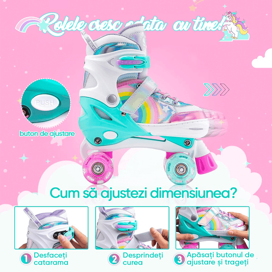 Role Reglabile S 28-31, Roți Luminoase Silicon, Rulmenți ABEC-7, Model Unicorn