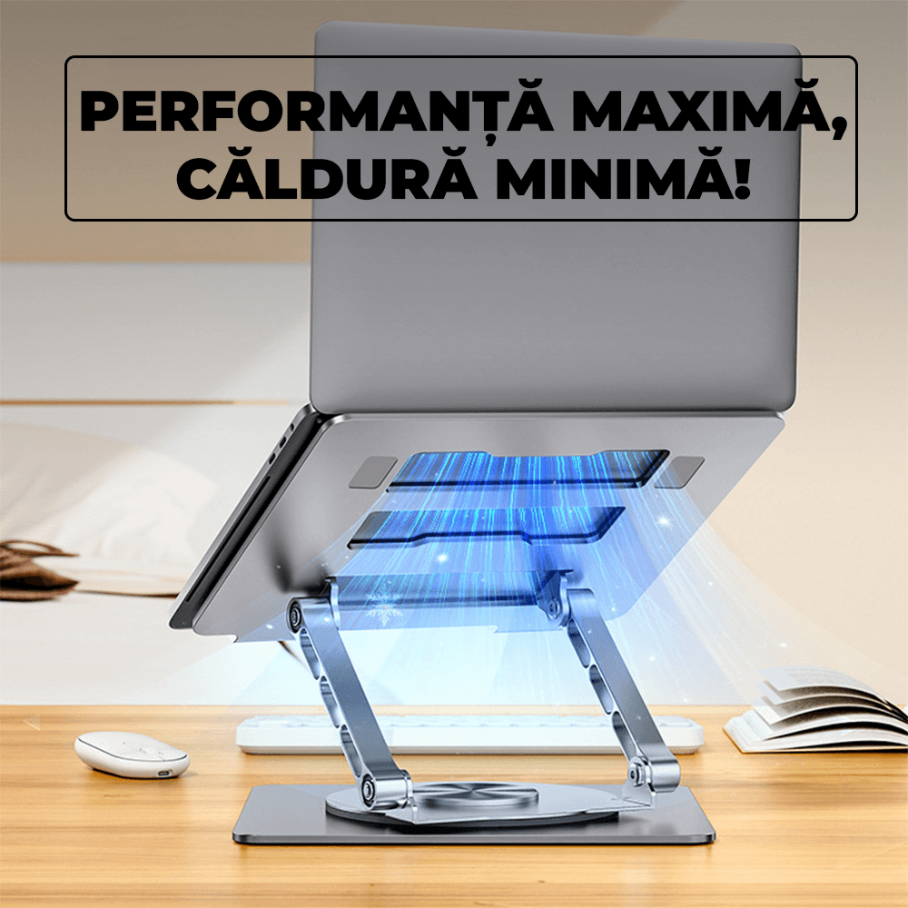 Suport Laptop Ergonomic, Reglabil, Pliabil, Bază Rotativă 360°, Gri Metalizat