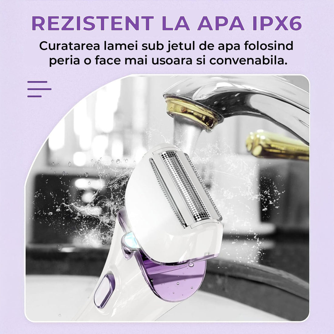 Epilator Umed și Uscat, 3 Tipuri de Lame Detașabile, IPX 6, Reîncărcabil USB, Stație de Încărcare, 900mAh, Mov