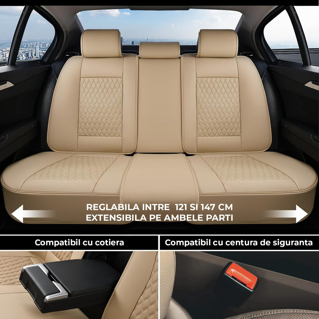 Set 5 Huse Auto Elindor® pentru Scaune, Piele Ecologica Impermeabila, Rezistente la Zgarieturi, Cu Suport Lombar, Instalare Usoara, Protectie Interior, Compatibile cu Civic, Duster, Golf, Passat, Qashqai, X5, Bej