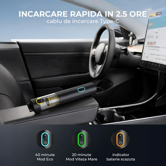 Aspirator Multifunctional Elindor® 4 In 1 Auto cu Suflanta Pompa Vidat si Curatare, Autonomie 40 Minute Accesorii Incluse Incarcare Rapida Type-C, Negru