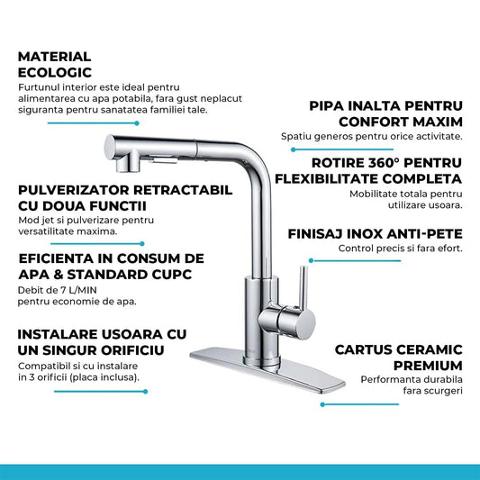 Robinet Bucatarie Elindor® cu Maner Unic, Pulverizator Retractabil, Otel Inoxidabil, Argintiu