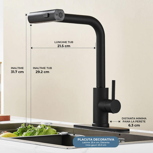 Baterie Bucatarie Elindor® Cu Dus Extractibil, Pipa Inalta, Finisaj Nichel Periat, Negru