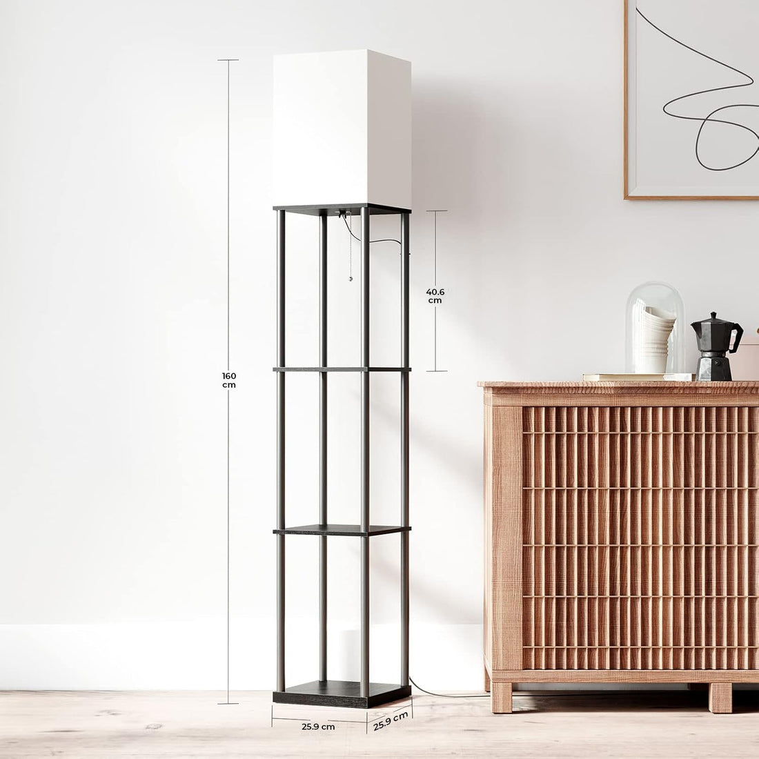 Lampa de Podea Decorativa Elindor® cu Structura Metalica, Rafturi de Depozitare,Abajur Textil, Negru