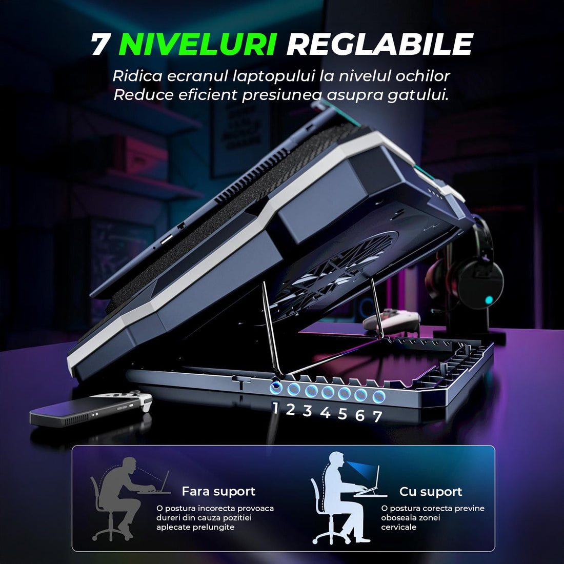 Suport Racire Elindor® Cu Ventilator Turbo Puternic, 10 Efecte RGB, Afisaj LCD, 7 Trepte Reglaj Inaltime, Negru