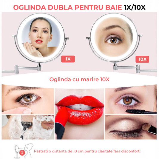 Oglinda de Machiaj Dubla Elindor® cu Iluminare LED, Marire 10X, Fixare pe Perete, Reincarcabila, Argintiu