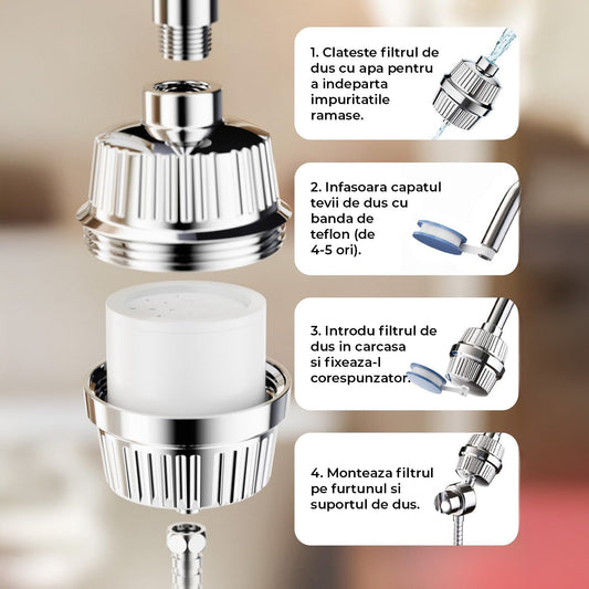 Filtru de Purificare Apa Argintiu Elindor® pentru Para de Dus Aparat de Filtrat cu 34 Stagii de Filtrare, 2 Cartuse Rezerva, Elimina Clorul, Metalele Grele, Impuritatile, Anticalcar, Purificator Apa de Baie, Accesorii Montare, Finisaj Cromat