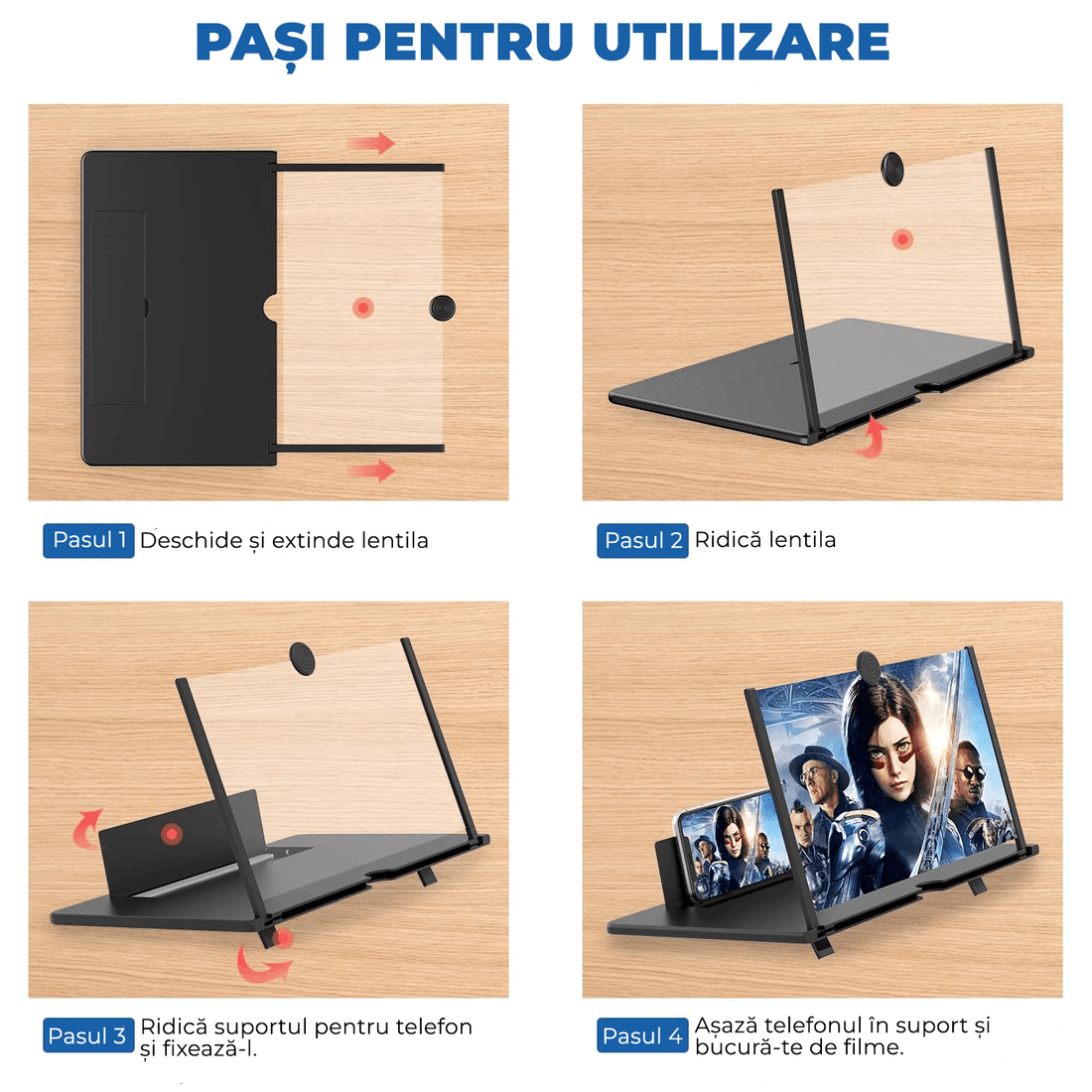Lupa Pliabila Elindor® pentru Telefon cu Efect 3d si Zoom 4x Marire, Diagonala de 12 inch, suport telefon universal, Negru