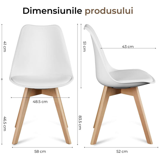 Set 4 Scaune Elindor® Stil Retro, Piele Ecologică și Picioare din Lemn, Albe