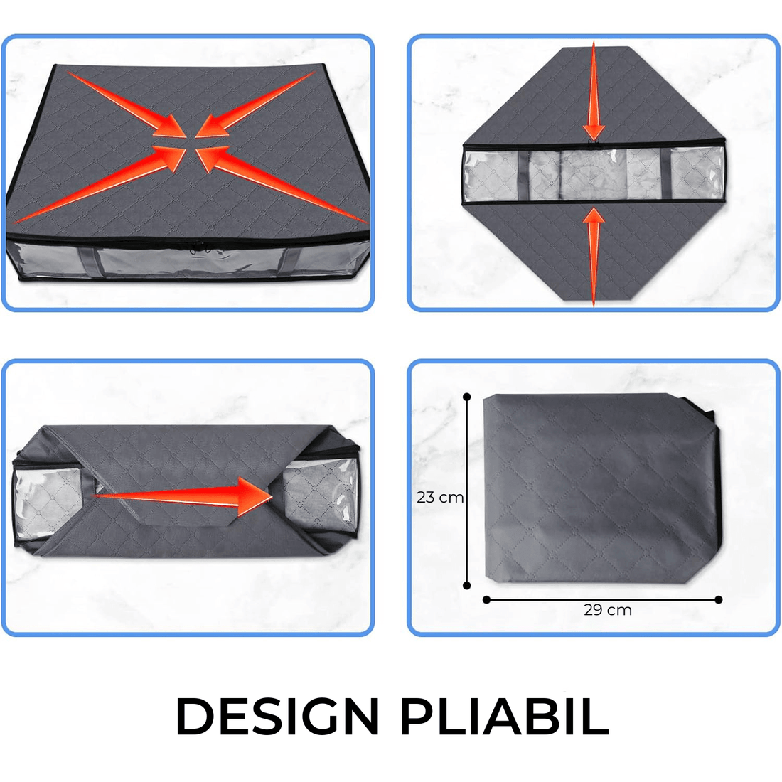Set 2 Cutii Pliabile de Depozitare Elindor®, Organizatoare pentru Haine si Paturi, Potrivit pentru depozitare Sub Pat, Ideal pentru Dormitor, Dulap, Dormitor Studentesc, Plapumi, Gri