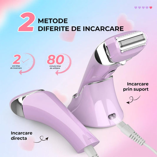 Aparat de Ras Electric Elindor® pentru Femei, 3-In-1, USB Reincarcabil, Ras Uscat/Umed, Mov