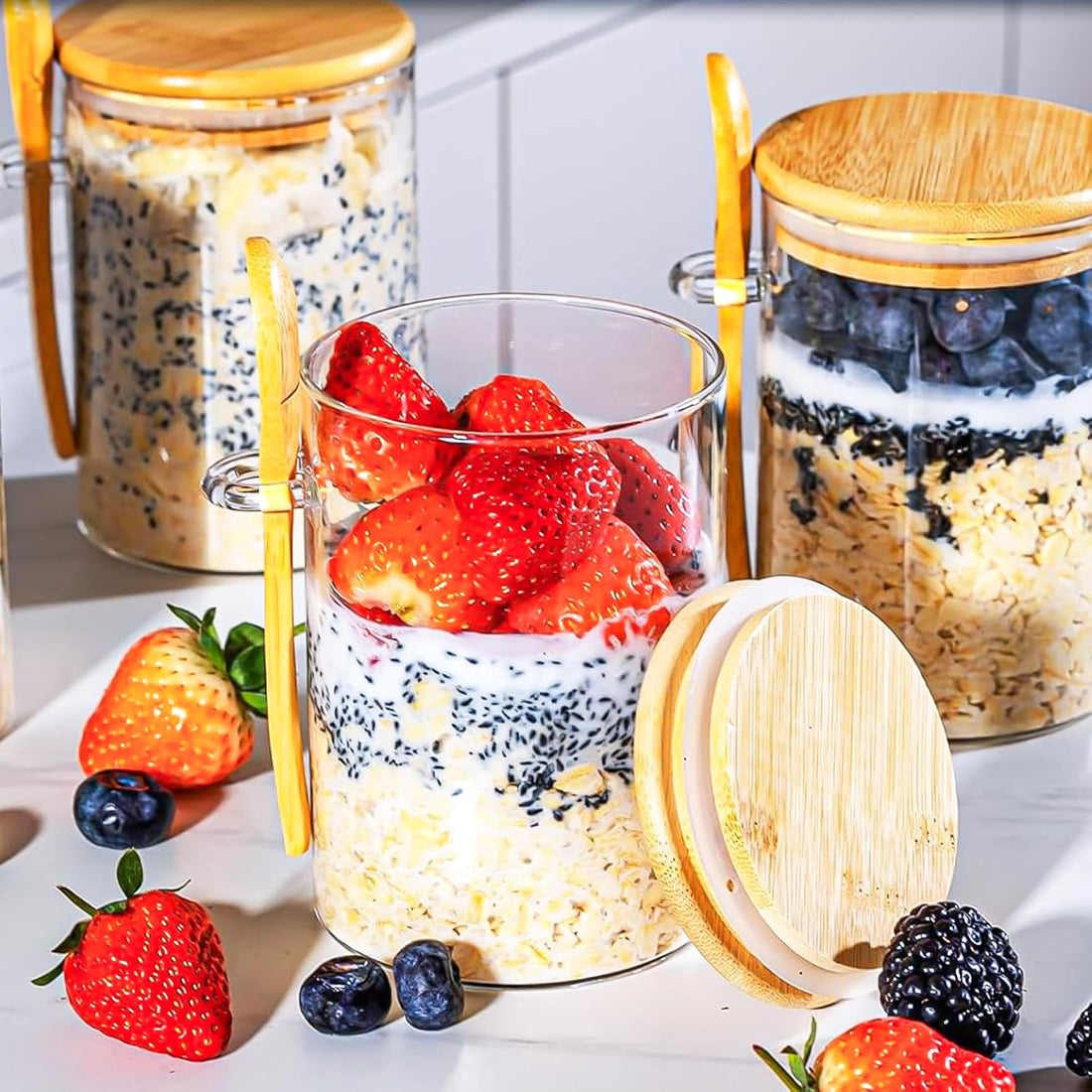 Set 4 Borcane din Sticlă Elindor® pentru Depozitare Alimente, Capace Bambus - 550ml