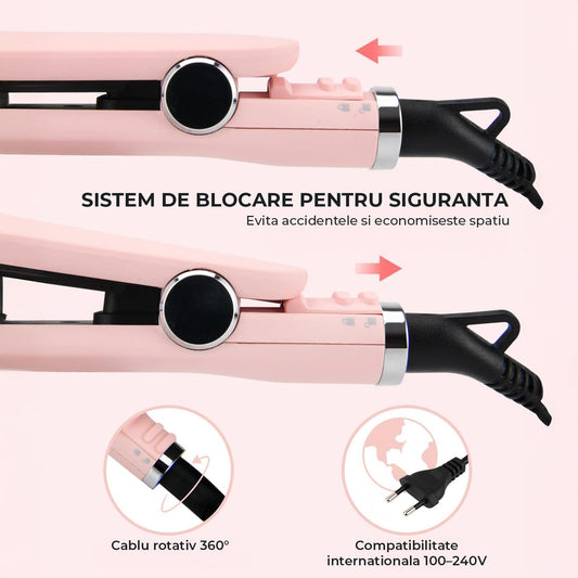 Placa de Indreptat Parul 2 in 1 Elindor®, 230°C, Placi Lungi din Titan, 5 Trepte Temperatura, Display LCD, Incalzire Rapida, Siguranta, Tensiune Duala 100–240V, Ideala pentru Indreptare/Ondulare, Design Compact, Roz