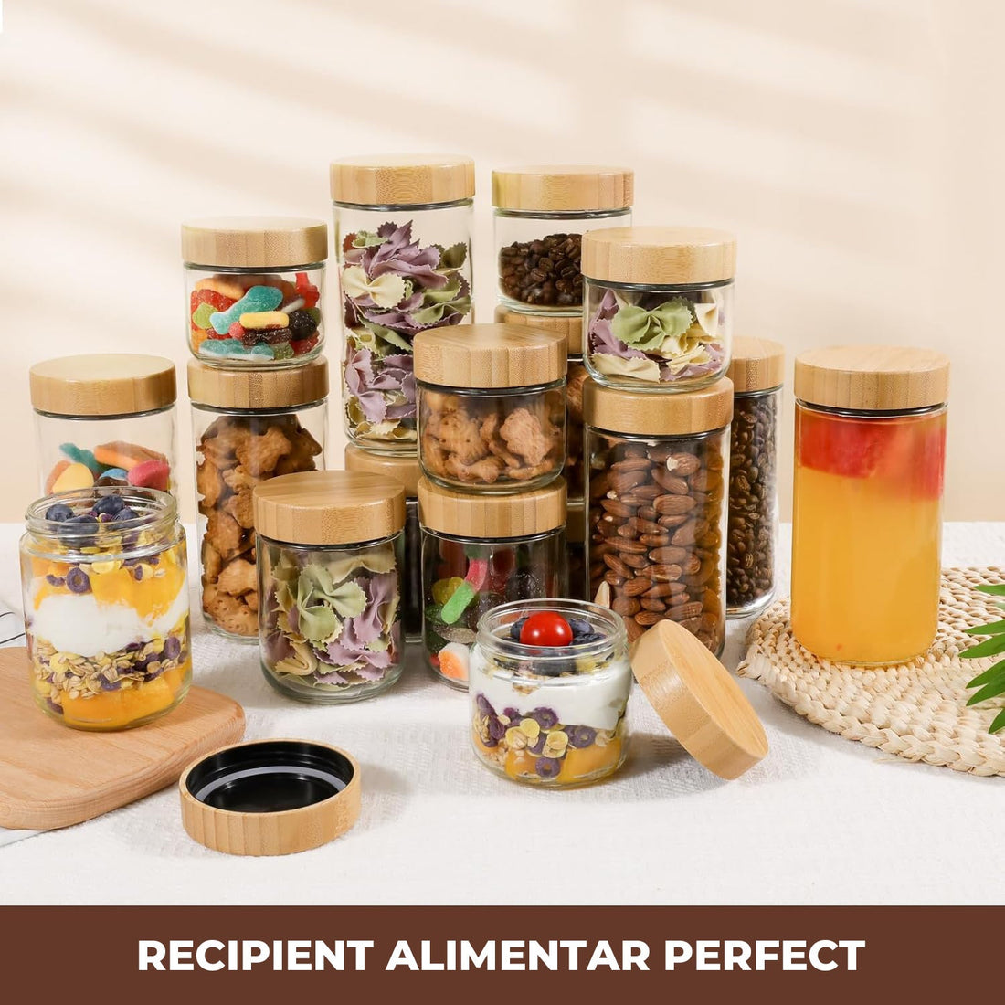 Set 6 Recipiente din Sticla Elindor®, Borcane cu Capac din Bambus pentru Zahar, Cafea, Condimente, Gustari, Nuci, Sare, Dulciuri, 470 ml, Dimensiuni 9.1x9.1x10.2cm, Transparent