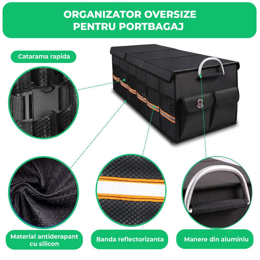 Organizator Auto Portbagaj Elindor®, Antiderapant, Impermeabil, Pliabil, Compartimente Multiple, Organizator Cargo pentru SUV, Depozitare Portbagaj, Dimensiuni 89 x 35 x 30 cm, Manere Aluminiu, Banda Reflectorizanta, Accesorii Auto, Negru