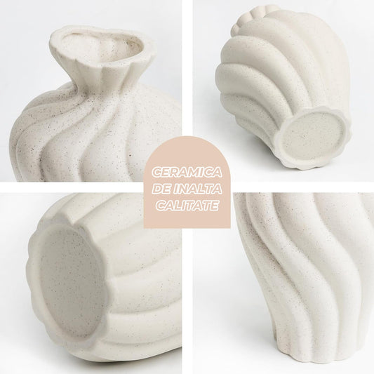 Set 3 Vaze Ceramice Elindor® din Ceramica de Inalta Calitate cu Design Ondulat, Decor Elegant Pentru Casa, Alb