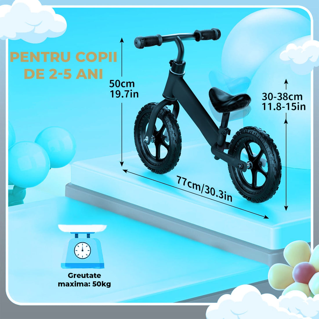 Bicicleta Fara Pedale Elindor®, Scaun Reglabil si Confortabil, Usoara, Negru