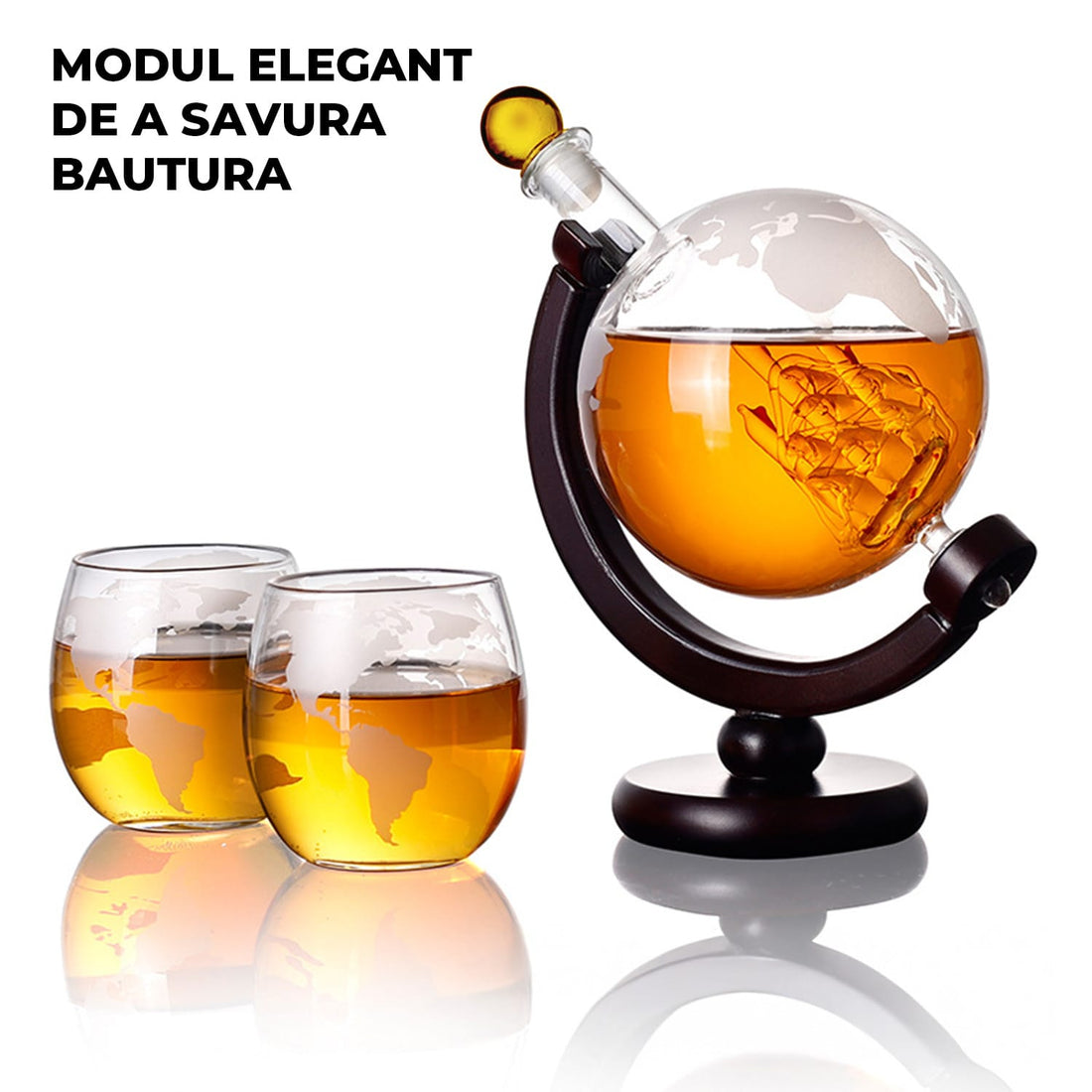 Set Decantor Whisky Glob Elindor®, 2 Pahare, Suport Lemn, 850ml