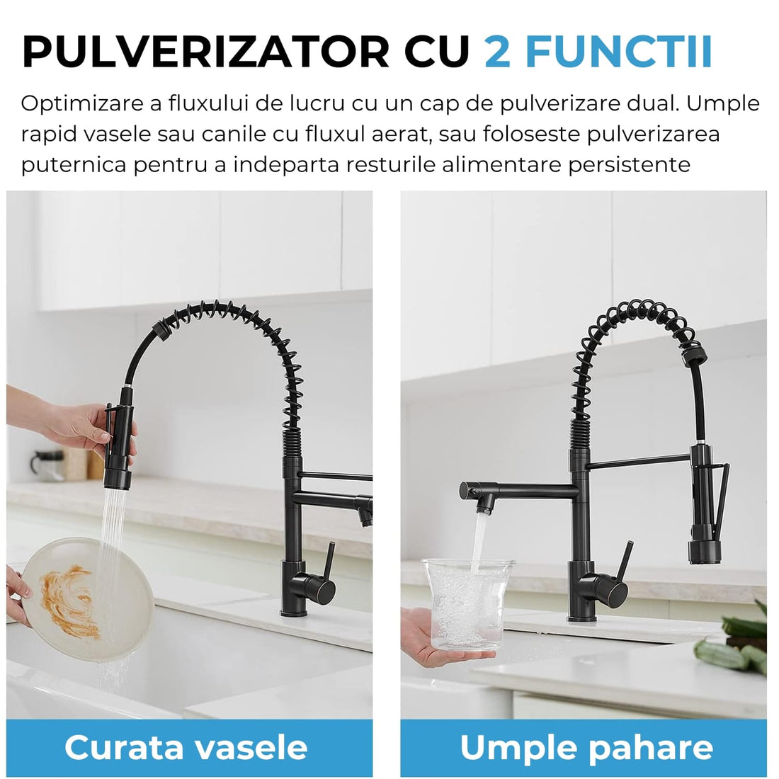 Baterie Chiuveta, Tip Cascada Elindor®, Robinet de Apa Modern, Monocomanda pentru Baie si Bucatarie, Otel Inoxidabil, Montare pe Chiuveta, Jet Larg, Multifunctionala Design Elegant pentru Lavoar sau Vas, Finisaj Mat Neagra