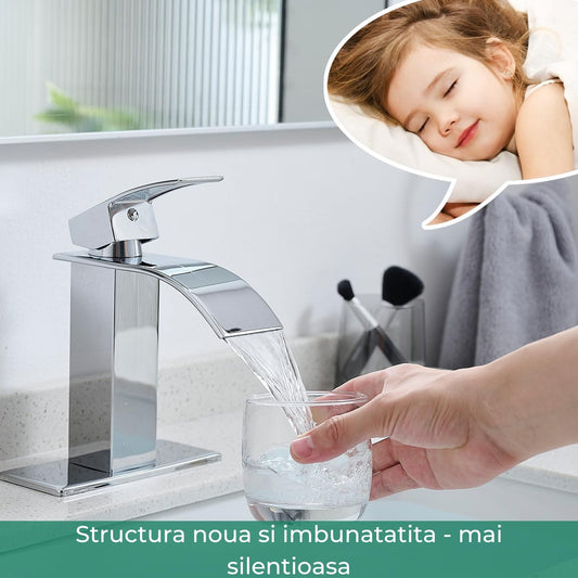 Baterie Cascadă Elindor® pentru Chiuveta Baie, Finisaj Cromat, Mâner Unic, Placă pentru 1 sau 3 Găuri