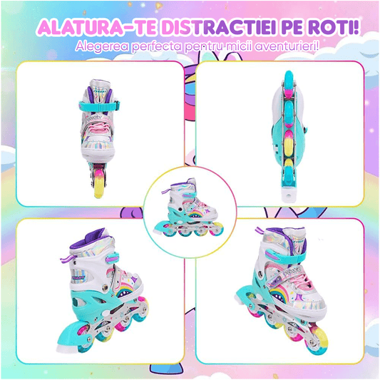 Role Reglabile pentru Copii și Adulți, 4 Roți Luminoase, Curcubeu, Mărimea 27-31 S