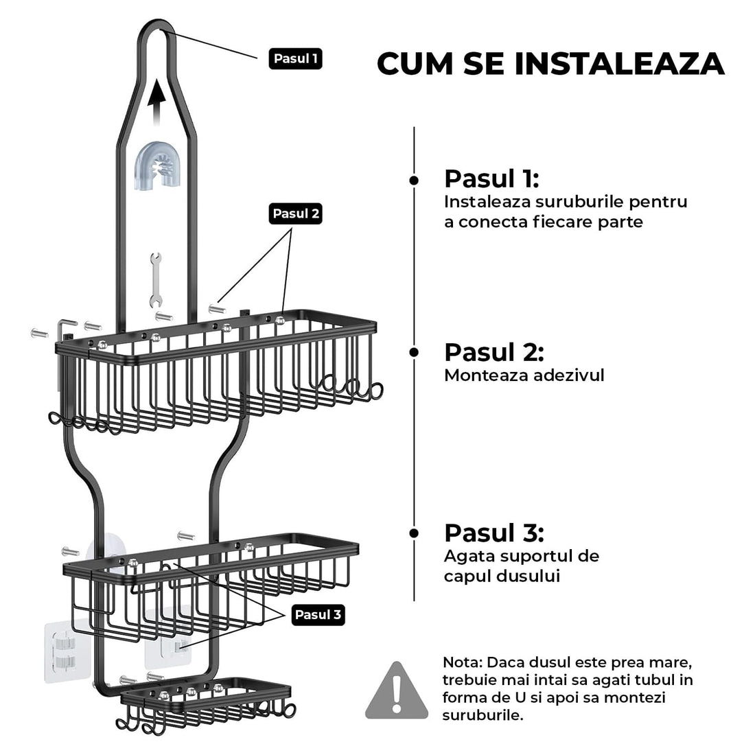 Suport Săpun și Etajere Duș Elindor®, Lipire Adeziv, 10 Cărlinge, Capacitate 20kg, Negru