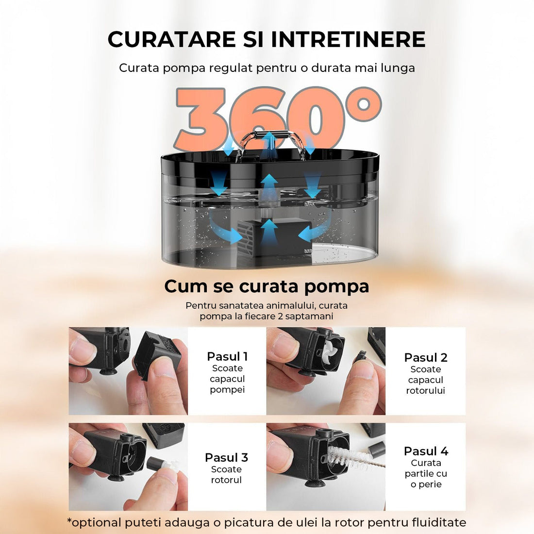 Fantana de Apa pentru Pisici Elindor® Cu Filtru Carbon Activ Si Pompa Silentioasa, Capacitate 2.2L, Design Modern cu Led, Usor De Curatat, Jet Reglabil, Negru