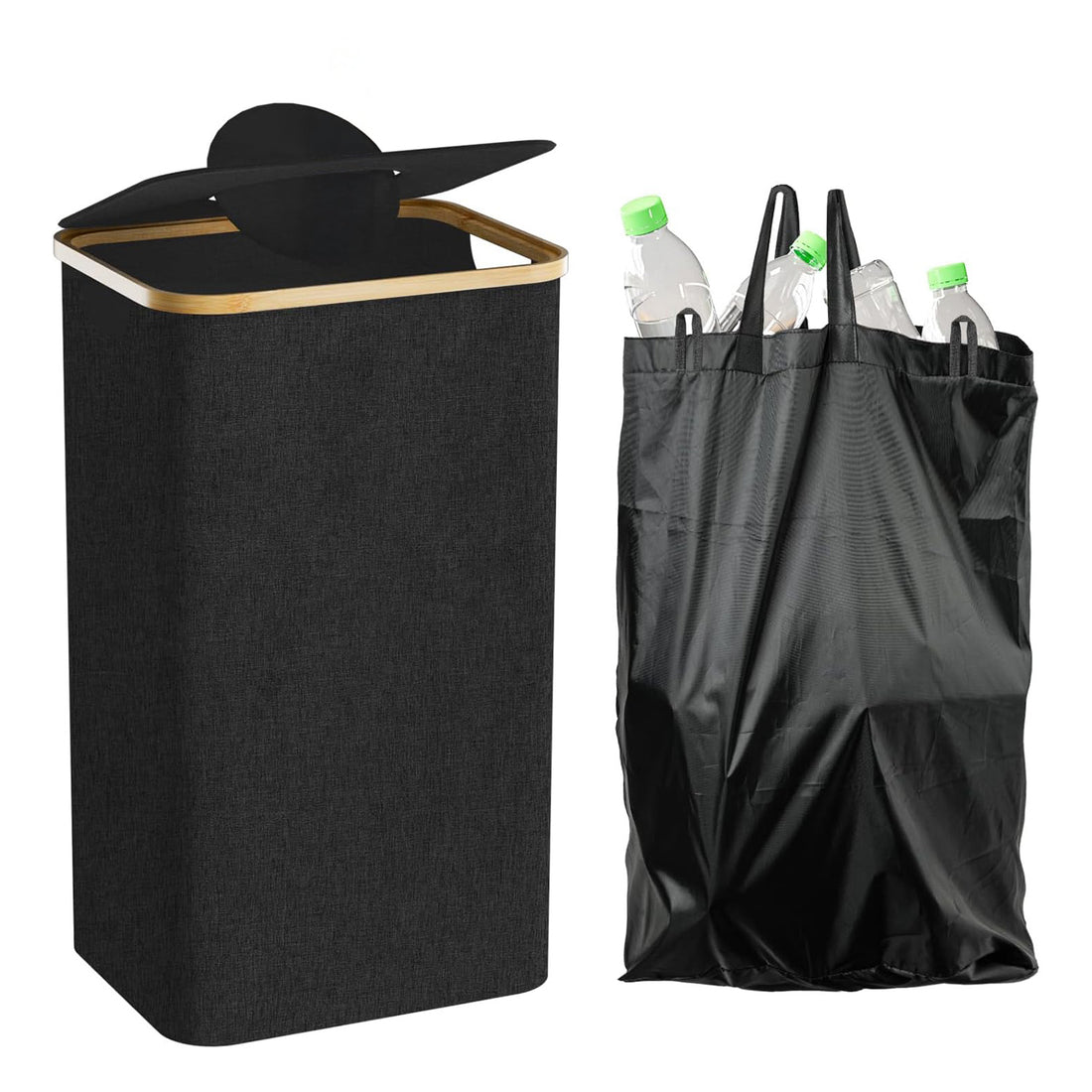 Cos pentru Reciclare Elindor® Capacitate 100L, din Material Textil si Bambus, pentru Multifunctional, pentru Bucatarie sau Camara, Cos Gunoi Potrivit pentru Colectare Selectiva a Sticlelor de Plastic, 41 x 33.5 x 70 cm, Negru