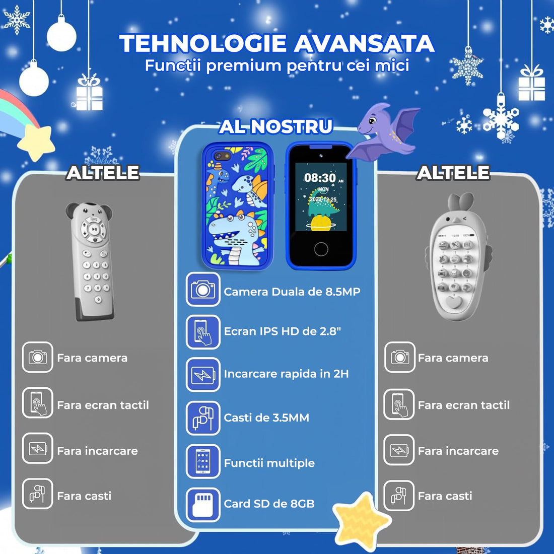 Telefon de jucărie Elindor®, pentru copii, cu funcții educative, albastru