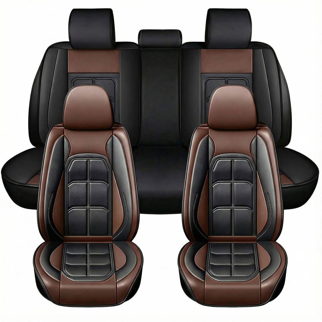 Set 5 Huse Scaune Auto Elindor® Universale, Husa pentru Protectie Sezut si Spatar Scaun Fata si Bancheta Spate, Impermeabila, Piele Ecologica, Accesorii Masina Huse Interior, Maro