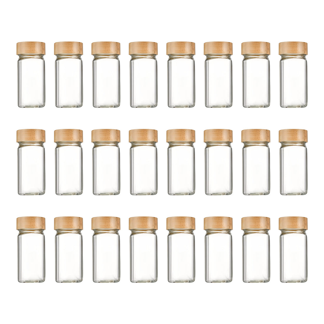 Set 24 Recipiente Condimente Elindor® din Sticla cu Capac din Bambus, cu Sita, Organizator Bucatarie, Organizatoare Sertar, Borcane 120 ml, 2 Tipuri de Etichete si Palnie din Silicon, Accesorii Depozitare, Transparente