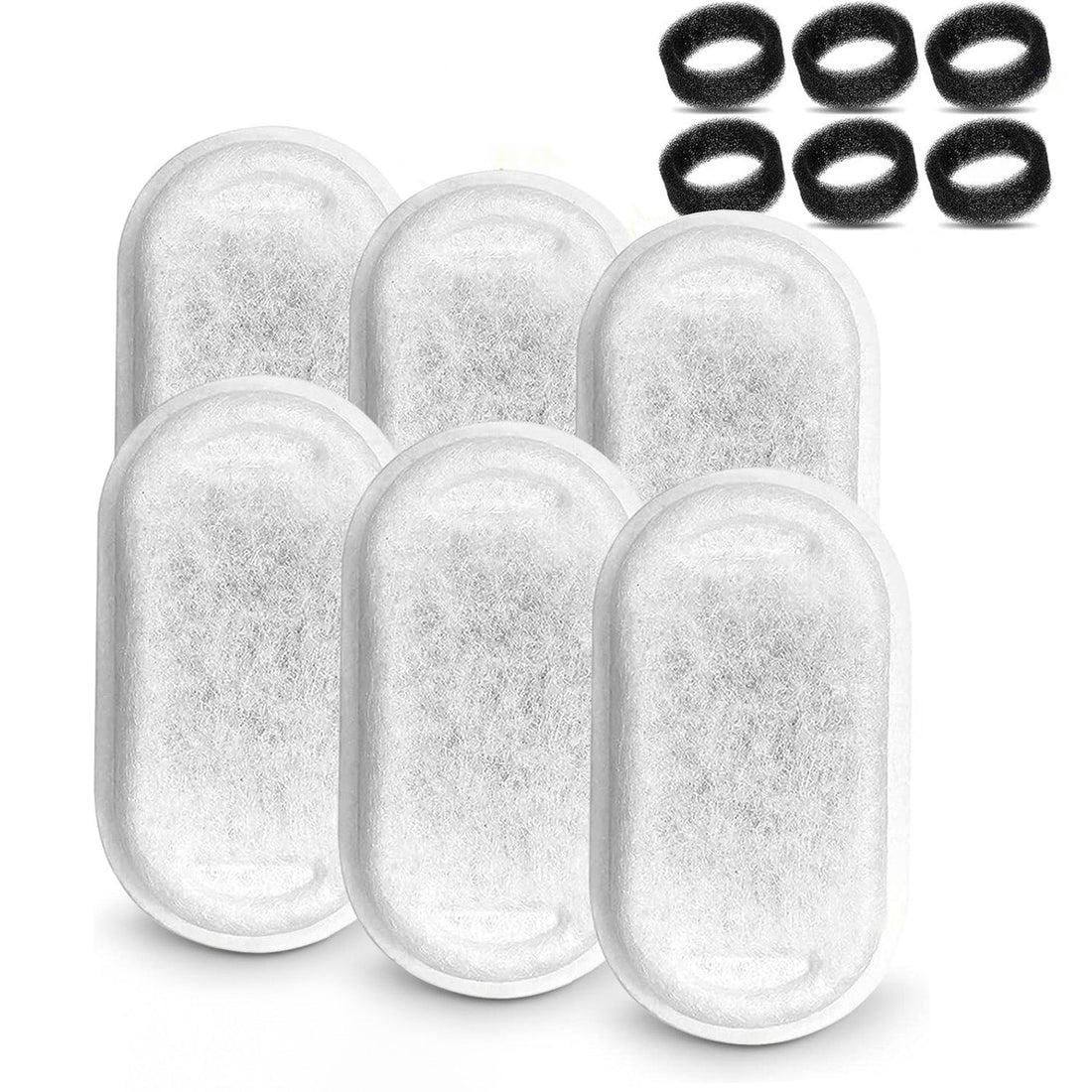 Set 6 Filtre + 6 Bureti Elindor® pentru Fantana de Apa Pisici si Caini, Compatibilitate Universalsa cu Dispensere din Inox, Filtrare in 3 Straturi, Carbon Activ, Alb