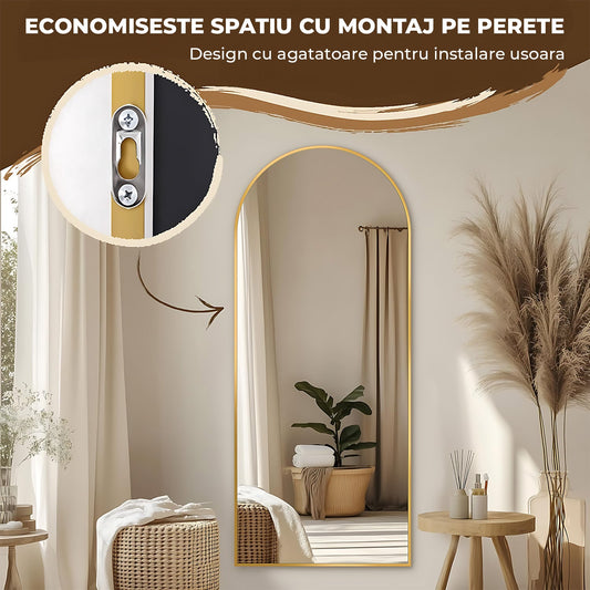 Oglinda de Podea Elindor®, 165 x 60 cm, cu Suport, Montare pe Perete, Oglinda Corp Intreg Pentru Dormitor, Living, Birou sau Dulap, cu Rama Tip Arcada din Aluminiu, Usoara, Multifuntionala, Reglabila, Auriu