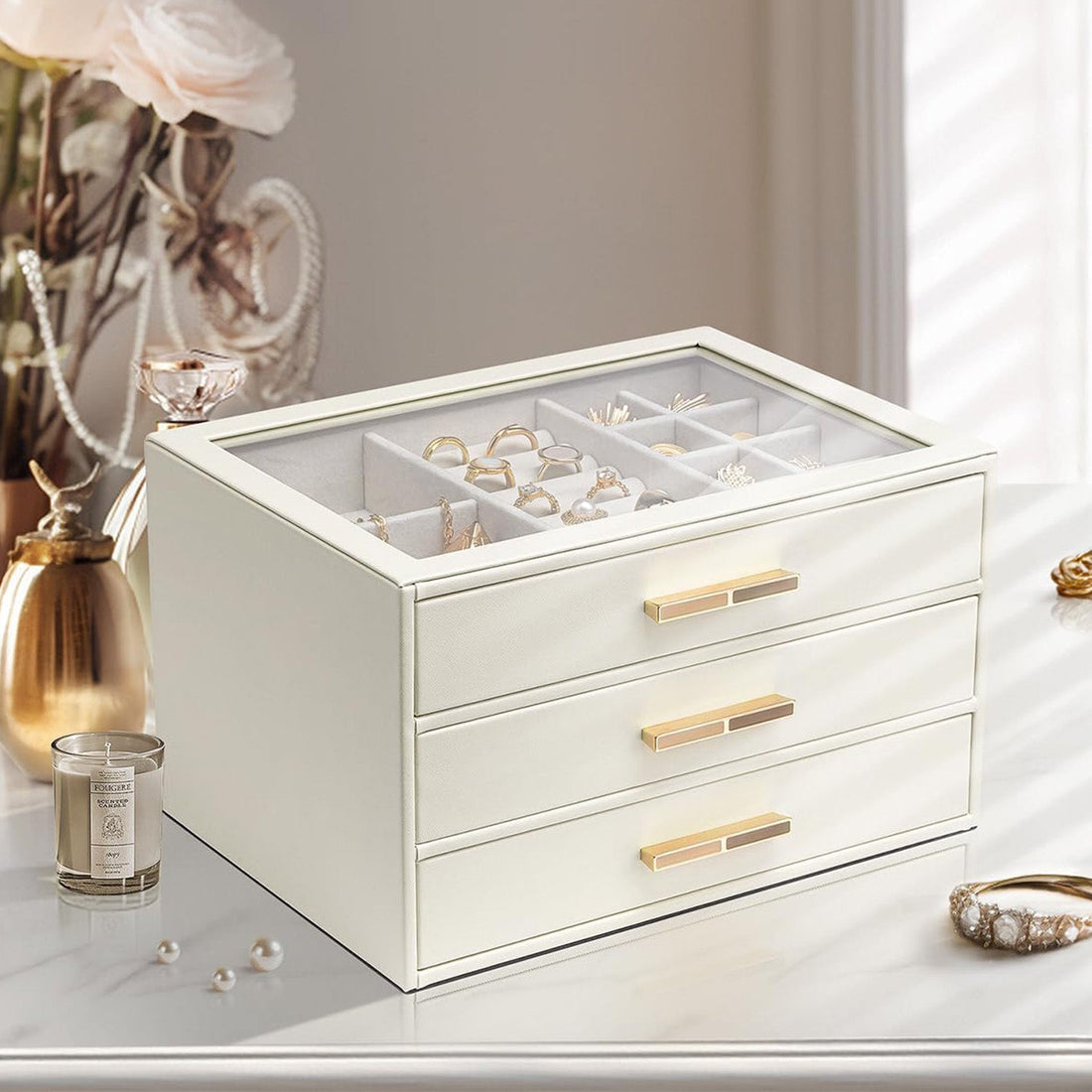 Cutie de Bijuterii Elindor® 3 Sertare si Geam Transparent, Organizator Elegant Pentru Inele, Cercei, Bratari Si Coliere, Design Modern, Alb