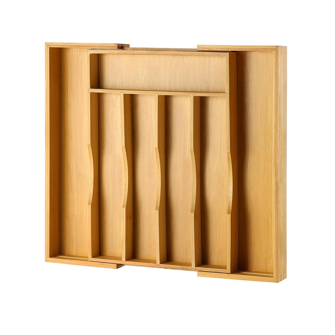 Organizator Extensibil Elindor® din Bambus, pentru Depozitare Tacamuri si Ustensile de Bucatarie, Furculite, Linguri, Cutite, 7 Compartimente, Sertar 25.5-39.4 cm, Suport Ajustabil, Separator Sertare Spatios, Accesorii Organizare