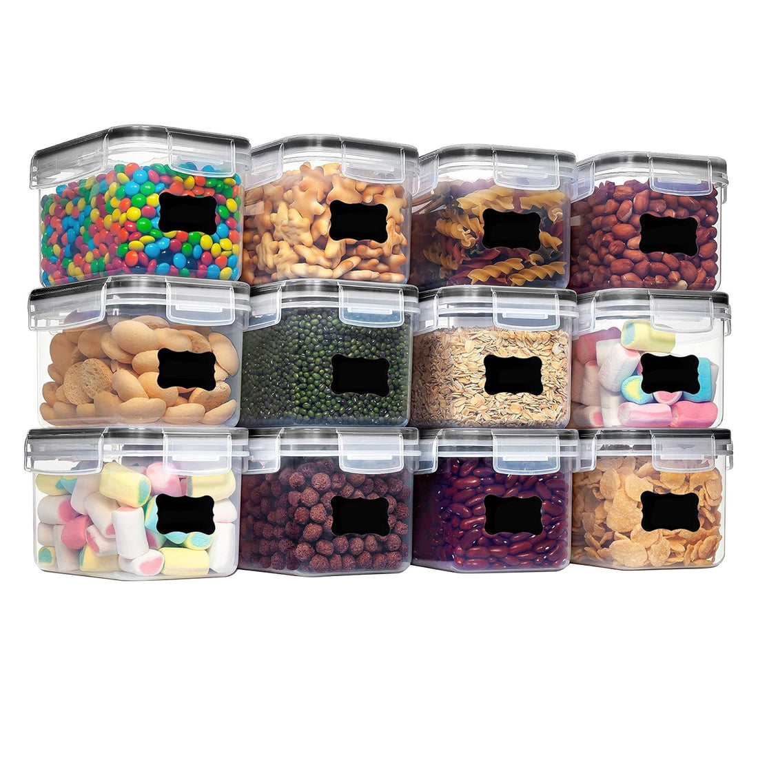 Set de 12 Caserole Elindor® Recipiente Ingrediente pentru Bucatarie, pentru Alimente Uscate, Recipient pentru Depozitare Cafea, Zahar, Paste, Cereale, Capac Etans, fara BPA, Potrivit pentru Congelator, Pix Alb Inclus si Etichete Negre, 9 x 10.5 x 15 cm, T