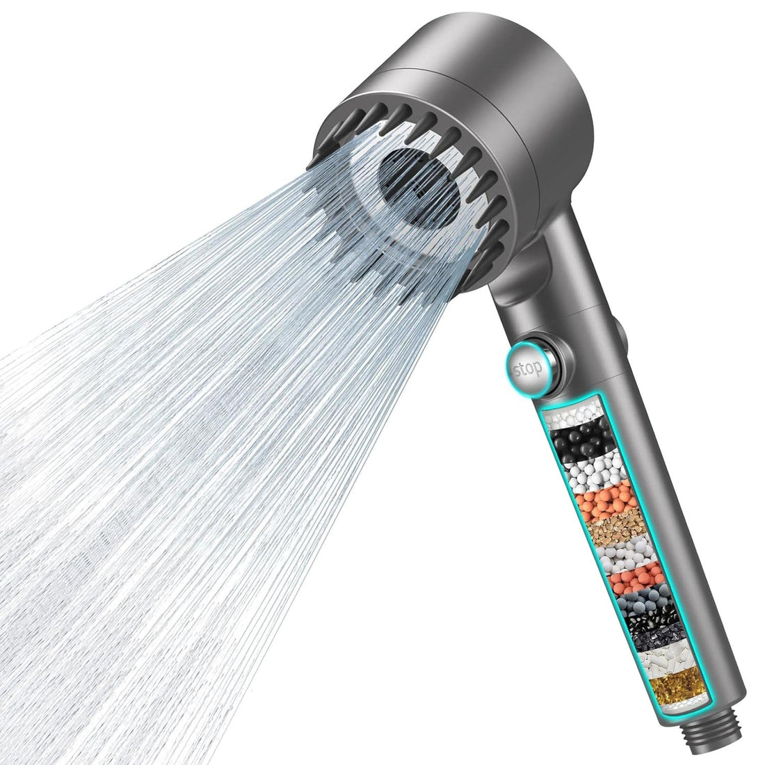 Para Dus cu Filtru 15 Straturi Elindor® Elimina Clor, Metale Grele, Impuritati, 4 Tipuri Jet, Perie Masaj Silicon, Furtun 1,5 m, Instalare Rapida, Pachet Complet cu Garnituri si Banda Etansare, Gri