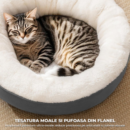 Pat Caini si Pisici Elindor®️ cu Baza Antiderapanta, Pat Rotund cu Perna Moale, Anti-Alunecare, Material Confortabil, Spalare Usoara, Ideal in Orice Anotimp pentru Interior in Casa, Culcus Animale de Talie Mica si Medie, 50 x 50 x 15 cm, Gri / Alb