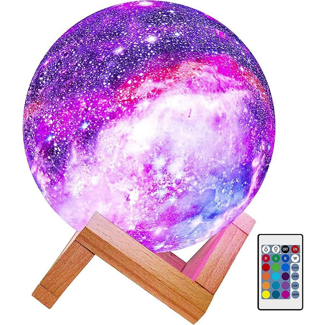 Lampa de Veghe Elindor® cu LED, Model Luna si Galaxie, Incarcare USB, 16 Culori pentru Camera cu Efect 3D, Veioza Control prin Atingere si cu Telecomanda, Potrivita si pentru Noptiera in Dormitor, Atractiva pentru Camera Copilului, Baza din Lemn