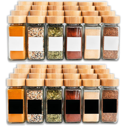 Set 24 Borcane Condimente din Sticla Elindor®, 120 ml, Patrate, Capace Bambus si Site Dozatoare, Etichete si Palnie Silicon Pliabila, pentru Organizarea Condimentelor si Ierburilor Uscate in Bucatarie, Transparent